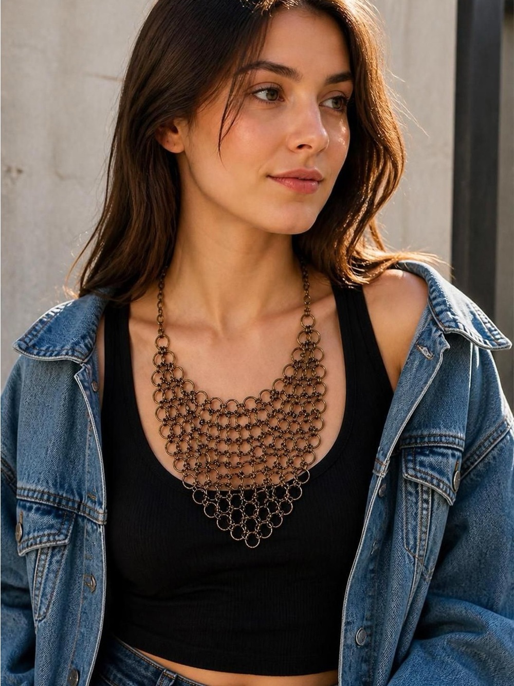 Chain Maille Bib Statement Necklace V Shaped Matte Gold Tone